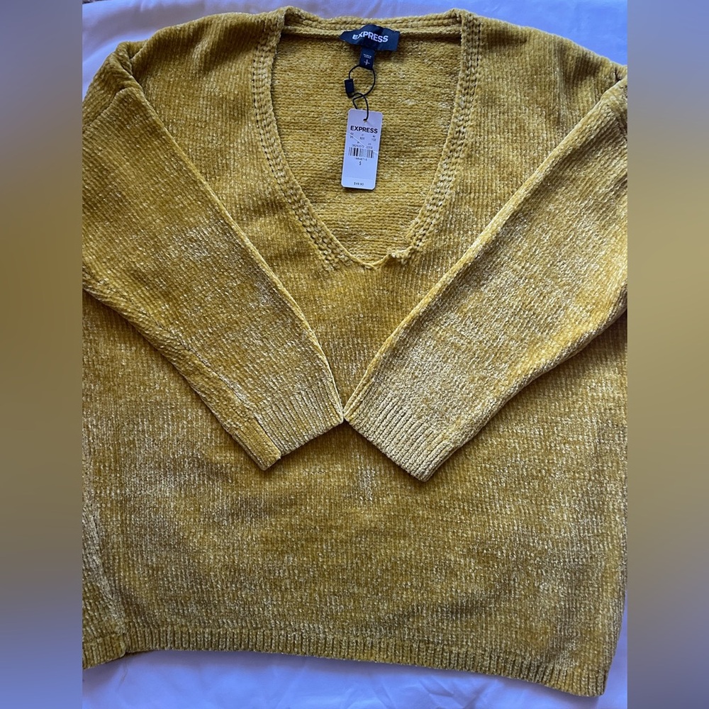 Express V-Neck Chenille Sweater in Mustard